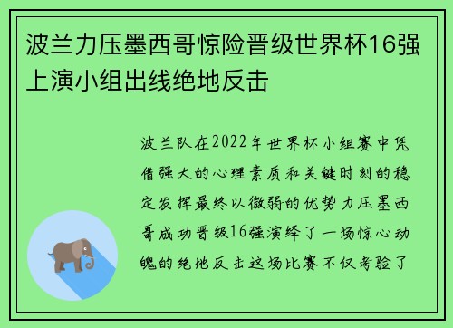 波兰力压墨西哥惊险晋级世界杯16强上演小组出线绝地反击 波兰力压墨西哥惊险晋级世界杯16强上演小组出线绝地反击