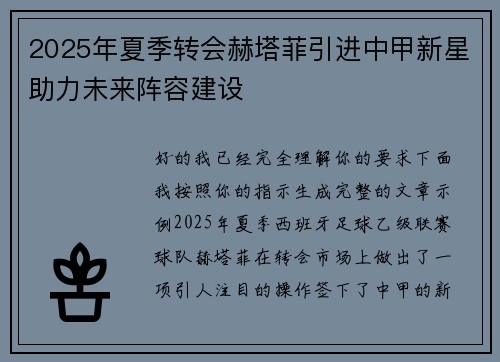 2025年夏季转会赫塔菲引进中甲新星助力未来阵容建设